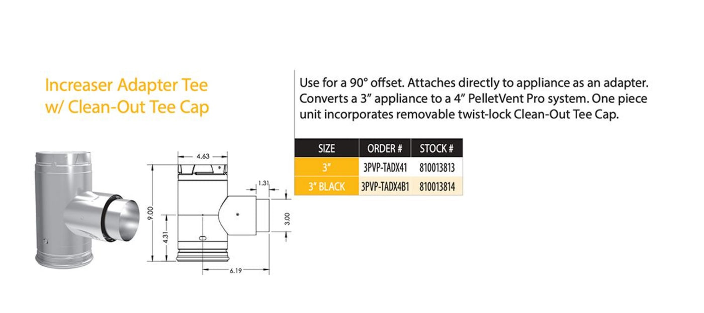 Duravent 3" PelletVent Pro Galvalume Increaser Adapter Tee 3PVP-TADX41