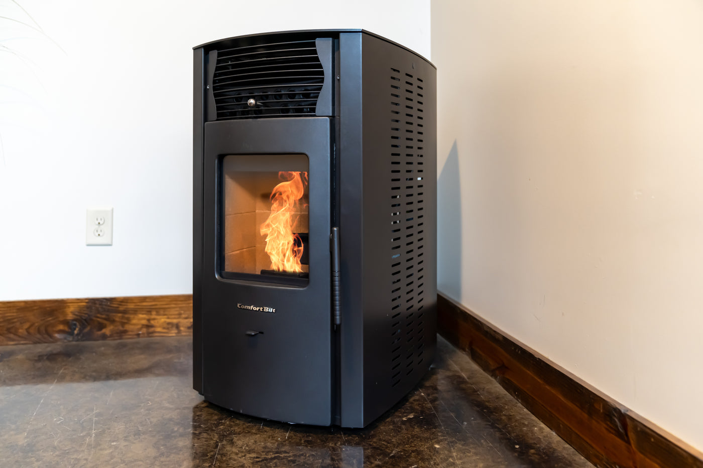 Comfortbilt HP50 Pellet Stove Corner of Basement