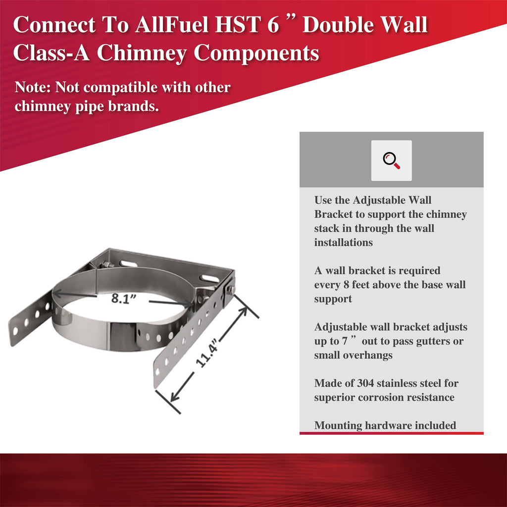 AllFuelHST Adjustable Wall Bracket for 6" Double Wall 8" OUTER Chimney Pipe