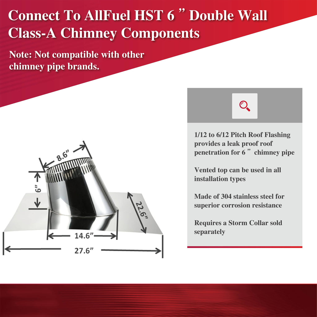 AllFuelHST Pitch Roof Flashing 1/12 to 6/12 for 6" Inner Diameter Chimney Pipe